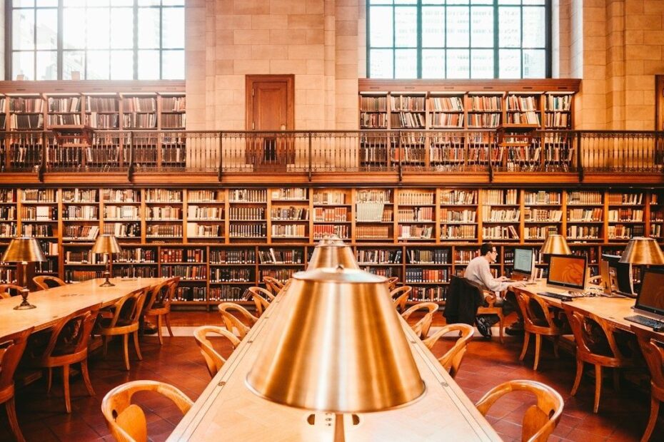 Ruime bibliotheek met boekenkasten, leestafels en één bezoeker