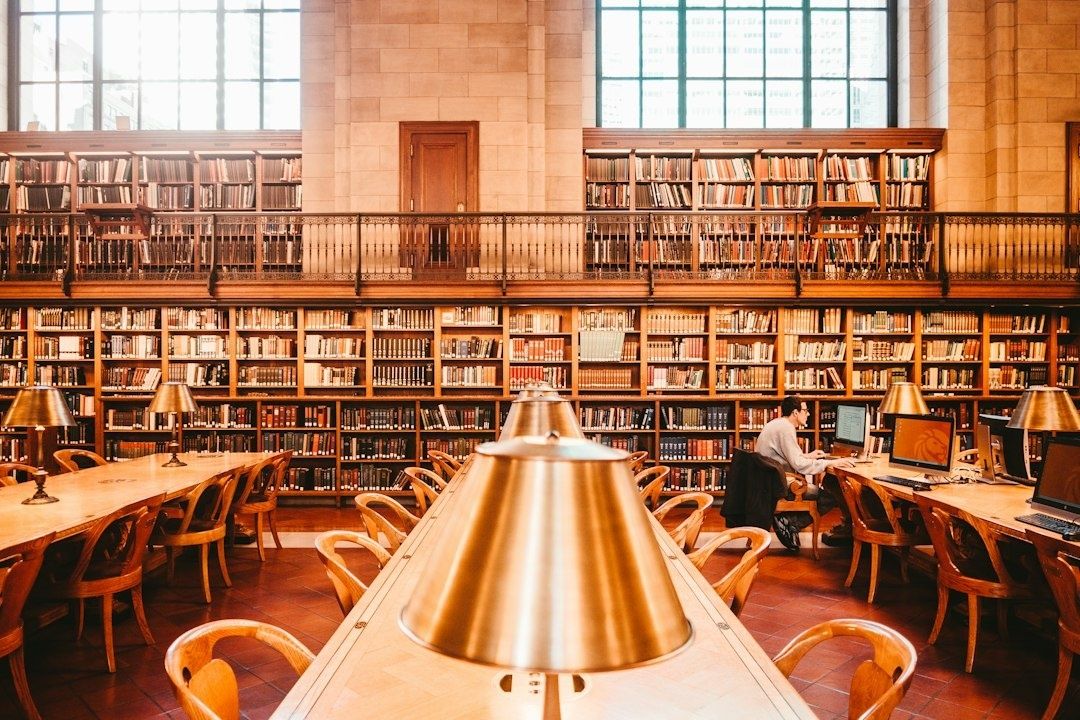 Ruime bibliotheek met boekenkasten, leestafels en één bezoeker